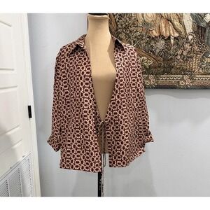 Ice Jacket Womens 14 Red Silk Geometric Print Belted Collared Lined Tie Waist